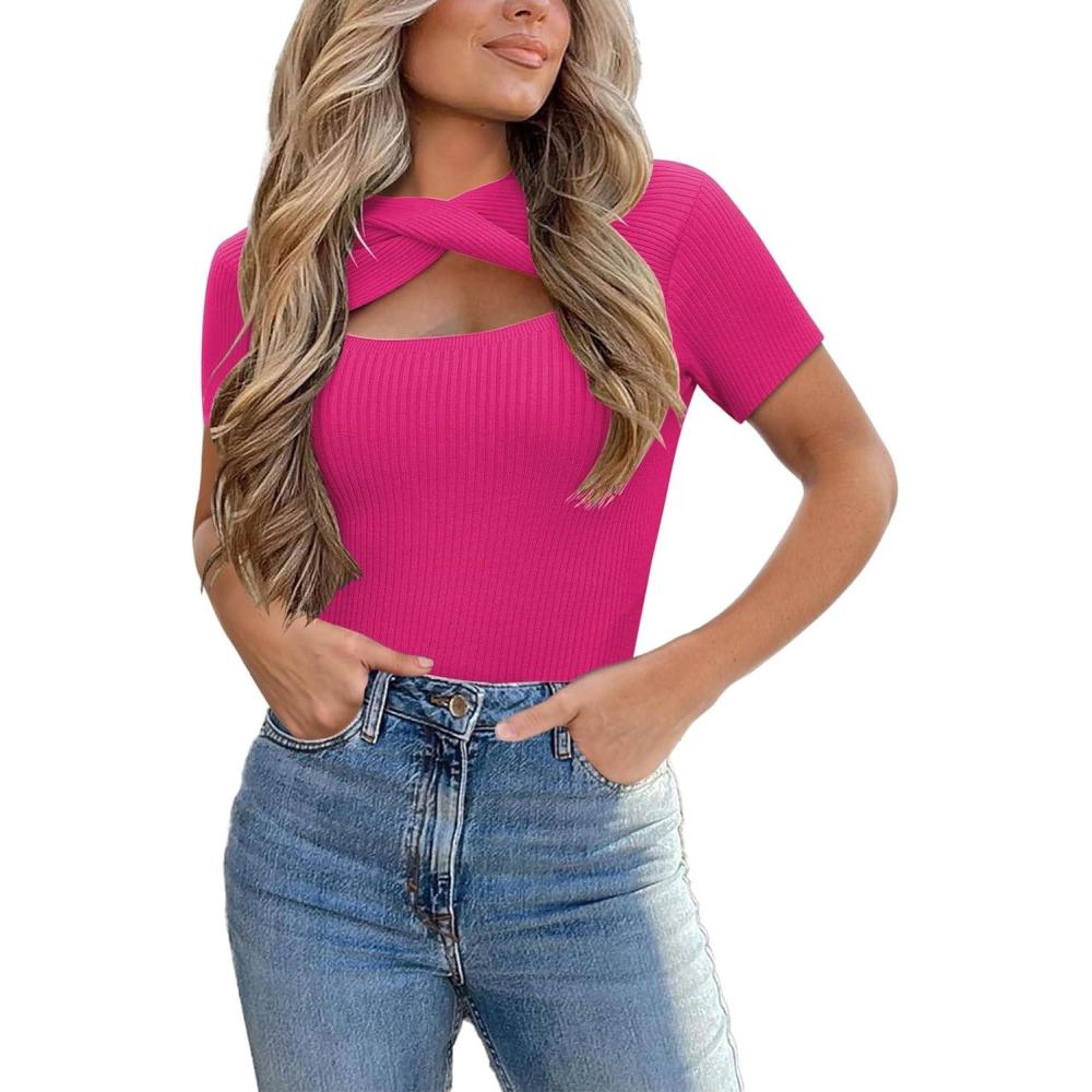 imageZeagoo Womens Short Sleeve T Shirts 2026 Summer Casual Knit Slim Fit Trendy Basic Cute Sweater TopsRose