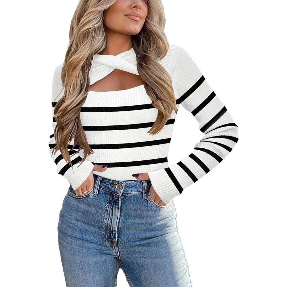 imageZeagoo Womens Short Sleeve T Shirts 2026 Summer Casual Knit Slim Fit Trendy Basic Cute Sweater TopsWhite Black Stripe