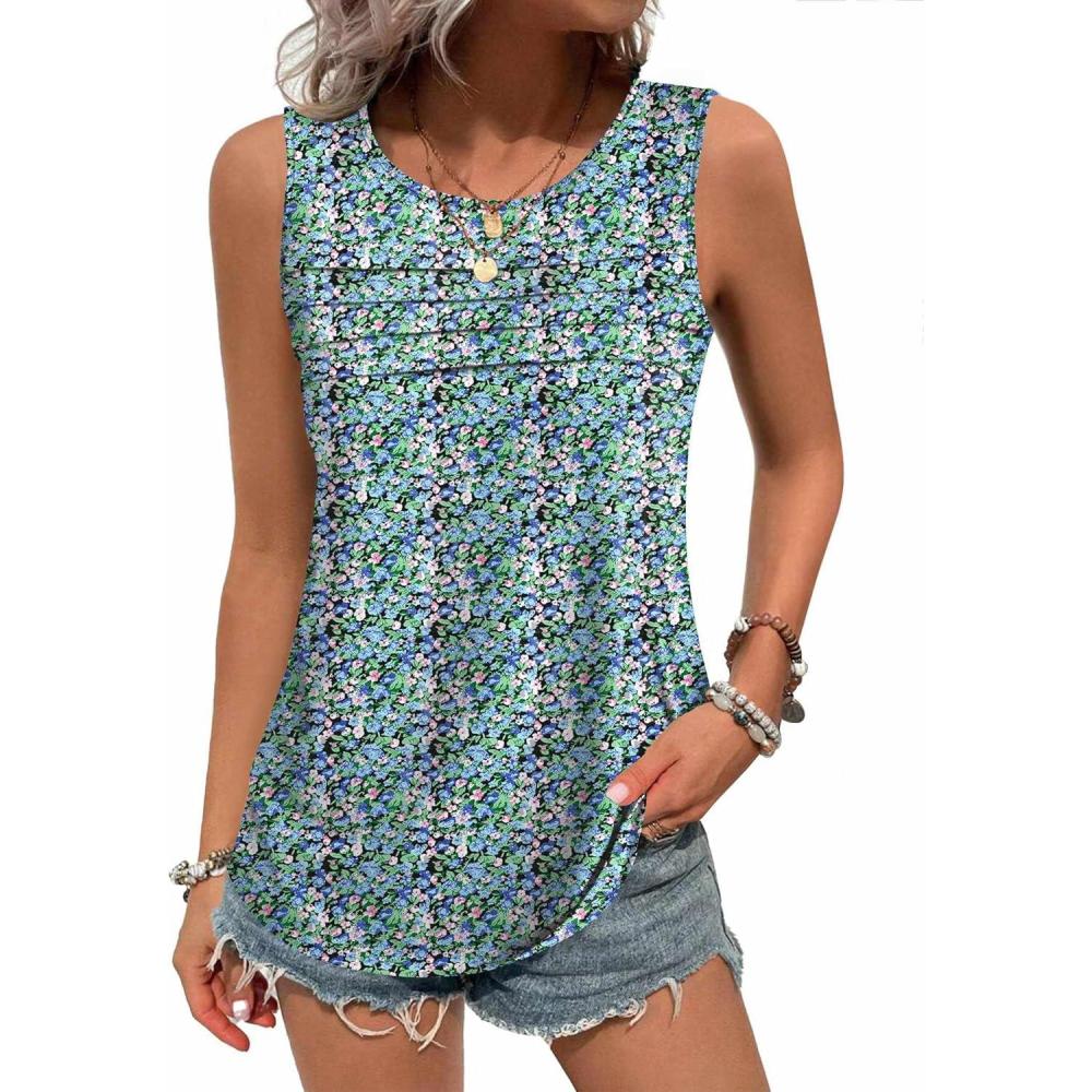imageZeagoo Womens Summer Tank Tops Sleeveless Loose Fit Tunic Blouses Dressy Casual Pleated Front Scoop Neck Boho ShirtsFloral Blue