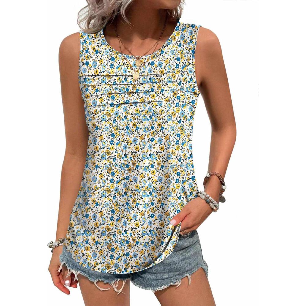 imageZeagoo Womens Summer Tank Tops Sleeveless Loose Fit Tunic Blouses Dressy Casual Pleated Front Scoop Neck Boho ShirtsFloral Blue Yellow
