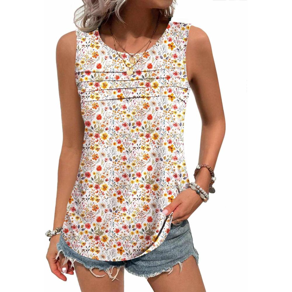 imageZeagoo Womens Summer Tank Tops Sleeveless Loose Fit Tunic Blouses Dressy Casual Pleated Front Scoop Neck Boho ShirtsFloral Red