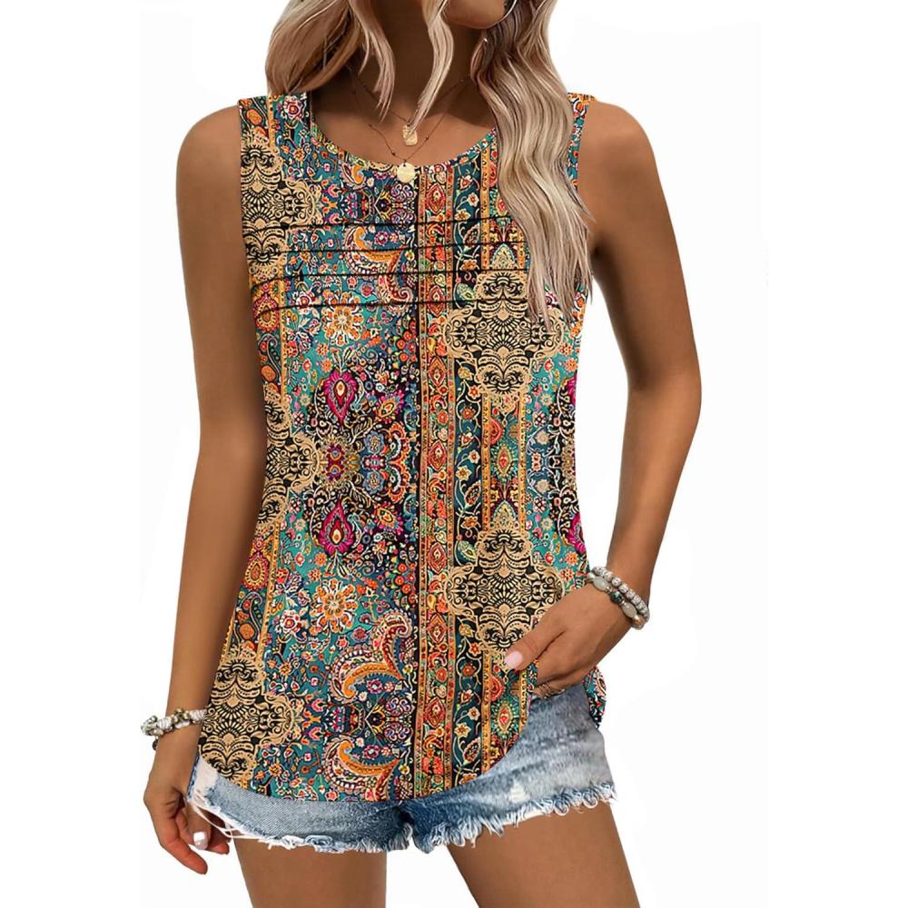 imageZeagoo Womens Summer Tank Tops Sleeveless Loose Fit Tunic Blouses Dressy Casual Pleated Front Scoop Neck Boho ShirtsMz721