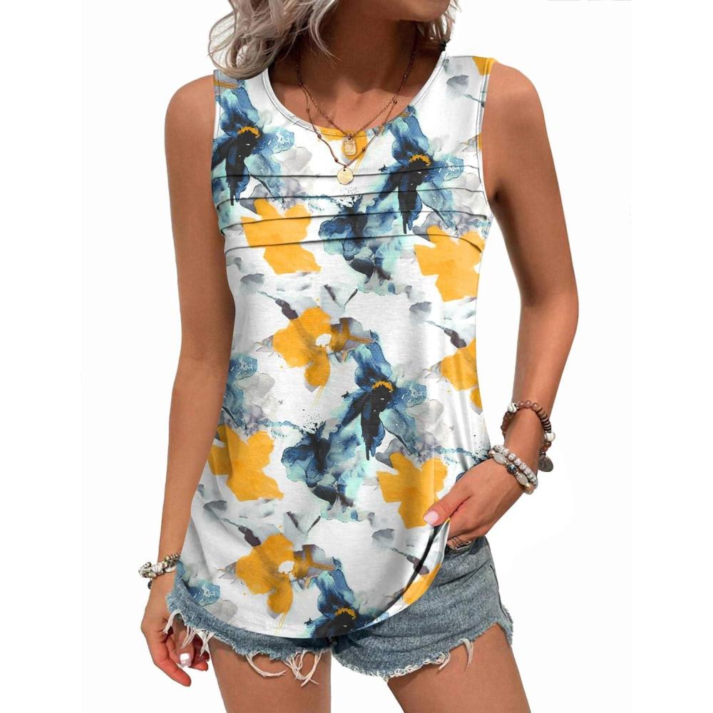 imageZeagoo Womens Summer Tank Tops Sleeveless Loose Fit Tunic Blouses Dressy Casual Pleated Front Scoop Neck Boho ShirtsTie Dye Flower