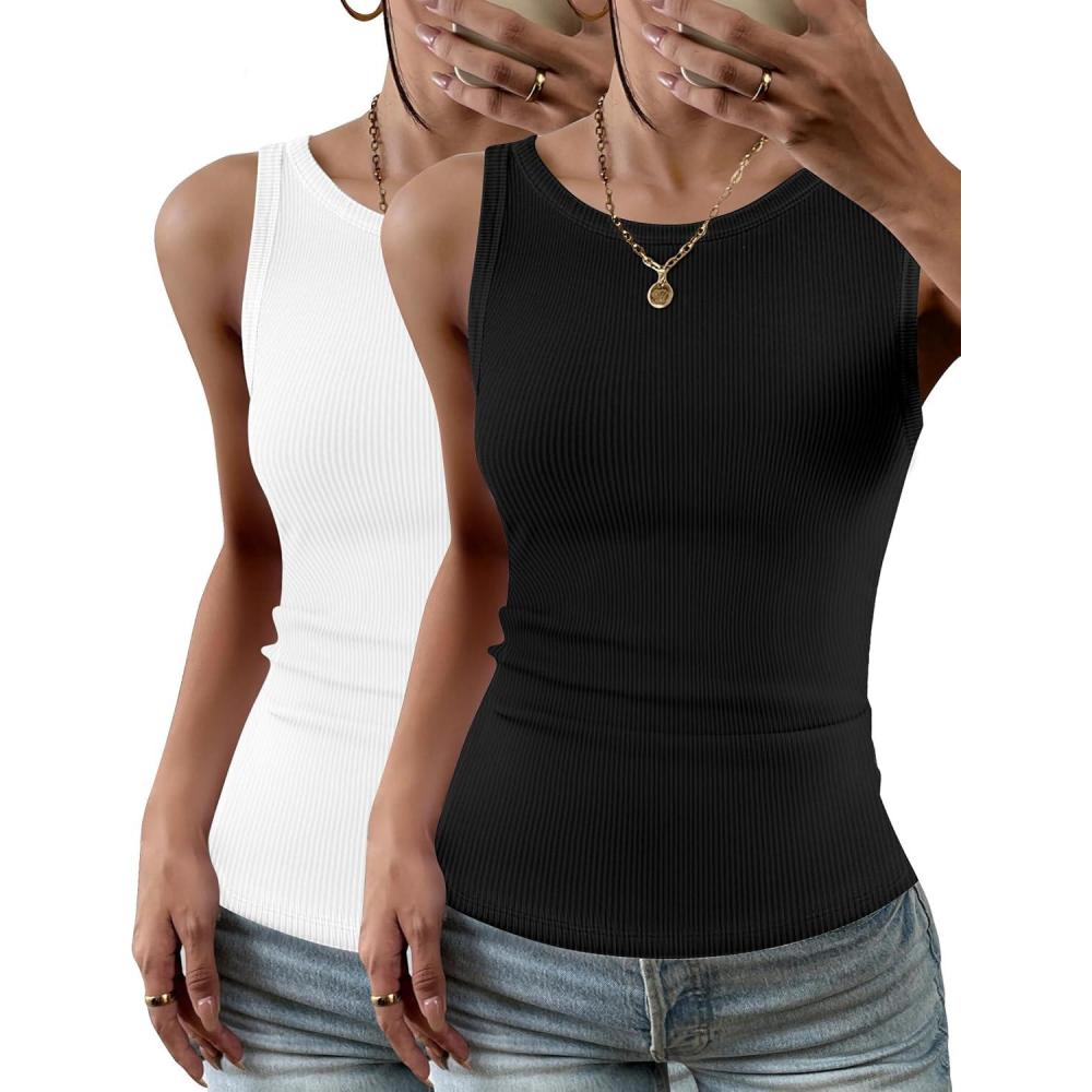 imageZeagoo Womens Tank Top Racerback Crowl Neck Casual Basic Ribbed Knit Fitted Sleeveless Shirts SXXLAll Blackall White