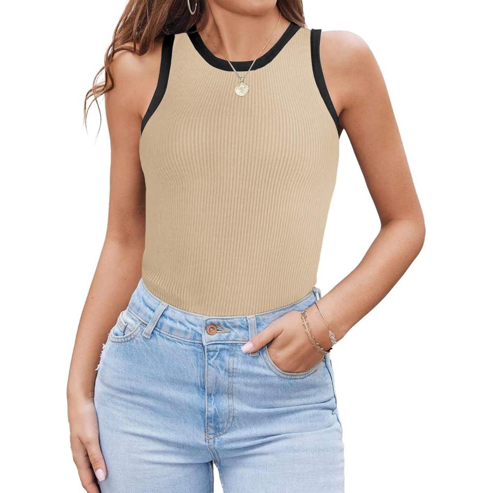 imageZeagoo Womens Tank Top Racerback Crowl Neck Casual Basic Ribbed Knit Fitted Sleeveless Shirts SXXLBeige