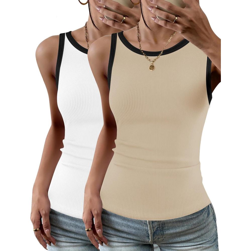 imageZeagoo Womens Tank Top Racerback Crowl Neck Casual Basic Ribbed Knit Fitted Sleeveless Shirts SXXLBeige Black White