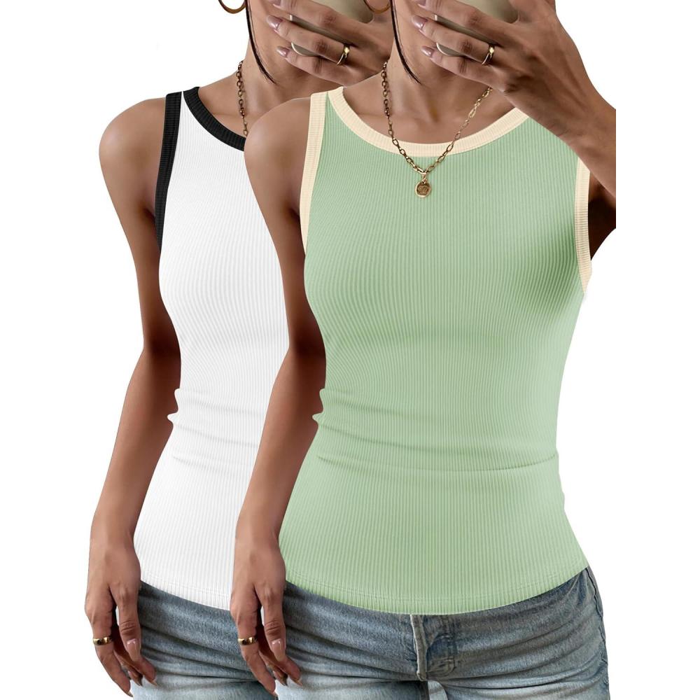 imageZeagoo Womens Tank Top Racerback Crowl Neck Casual Basic Ribbed Knit Fitted Sleeveless Shirts SXXLBlack Whitegreen