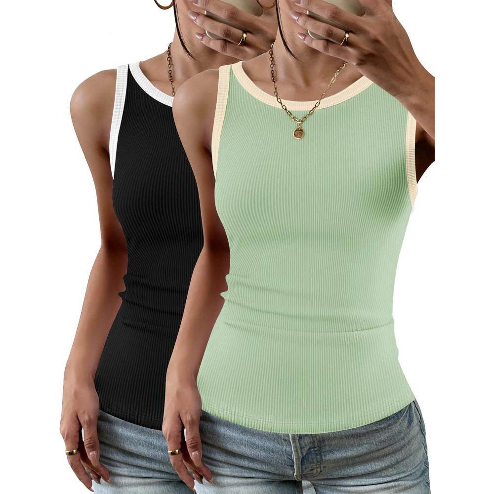 imageZeagoo Womens Tank Top Racerback Crowl Neck Casual Basic Ribbed Knit Fitted Sleeveless Shirts SXXLWhite Blackgreen