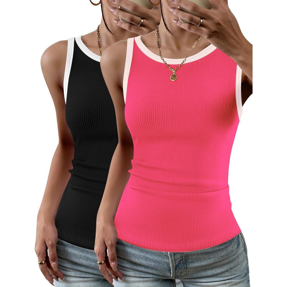 imageZeagoo Womens Tank Top Racerback Crowl Neck Casual Basic Ribbed Knit Fitted Sleeveless Shirts SXXLWhite Blackrose Red