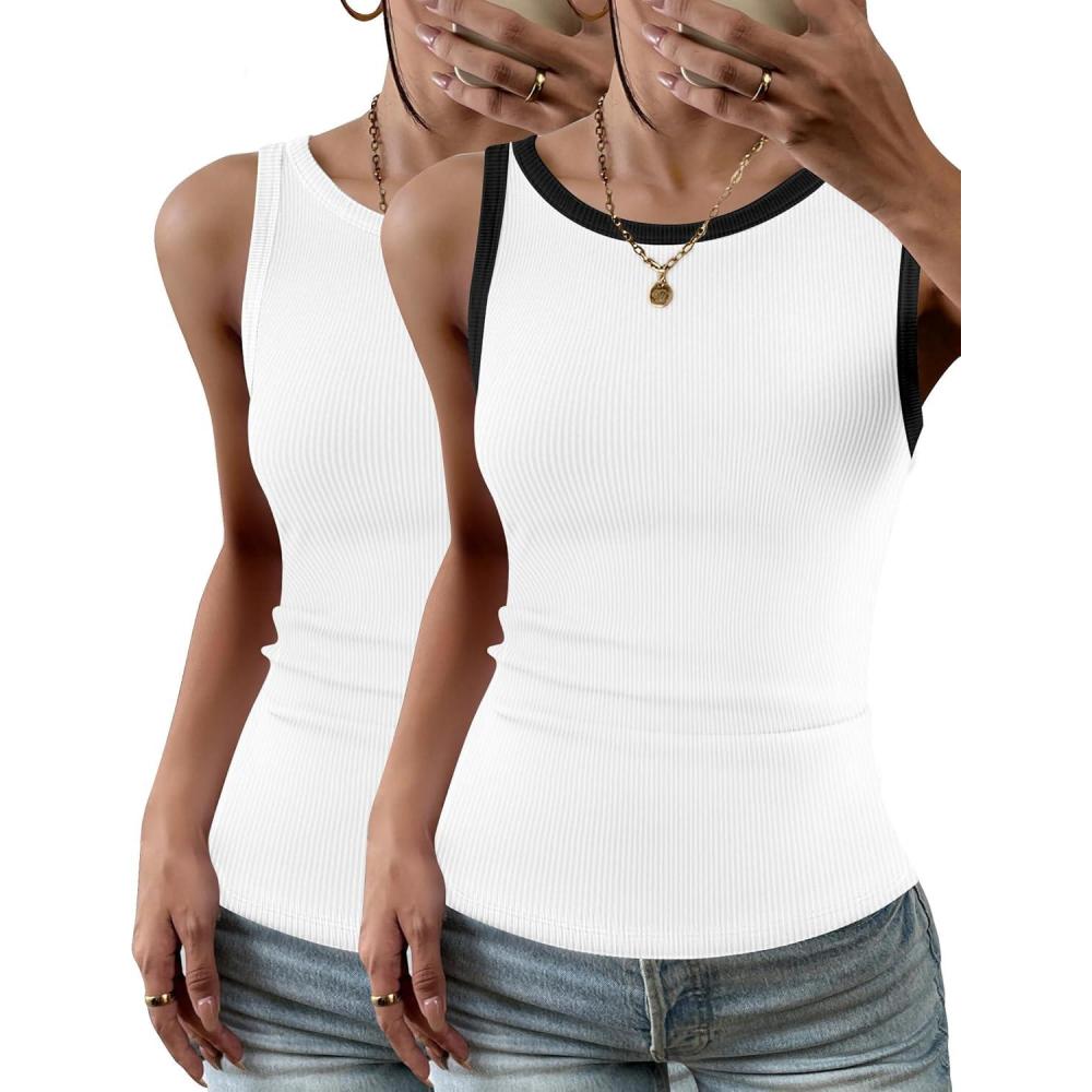 imageZeagoo Womens Tank Top Racerback Crowl Neck Casual Basic Ribbed Knit Fitted Sleeveless Shirts SXXLWhiteblack White