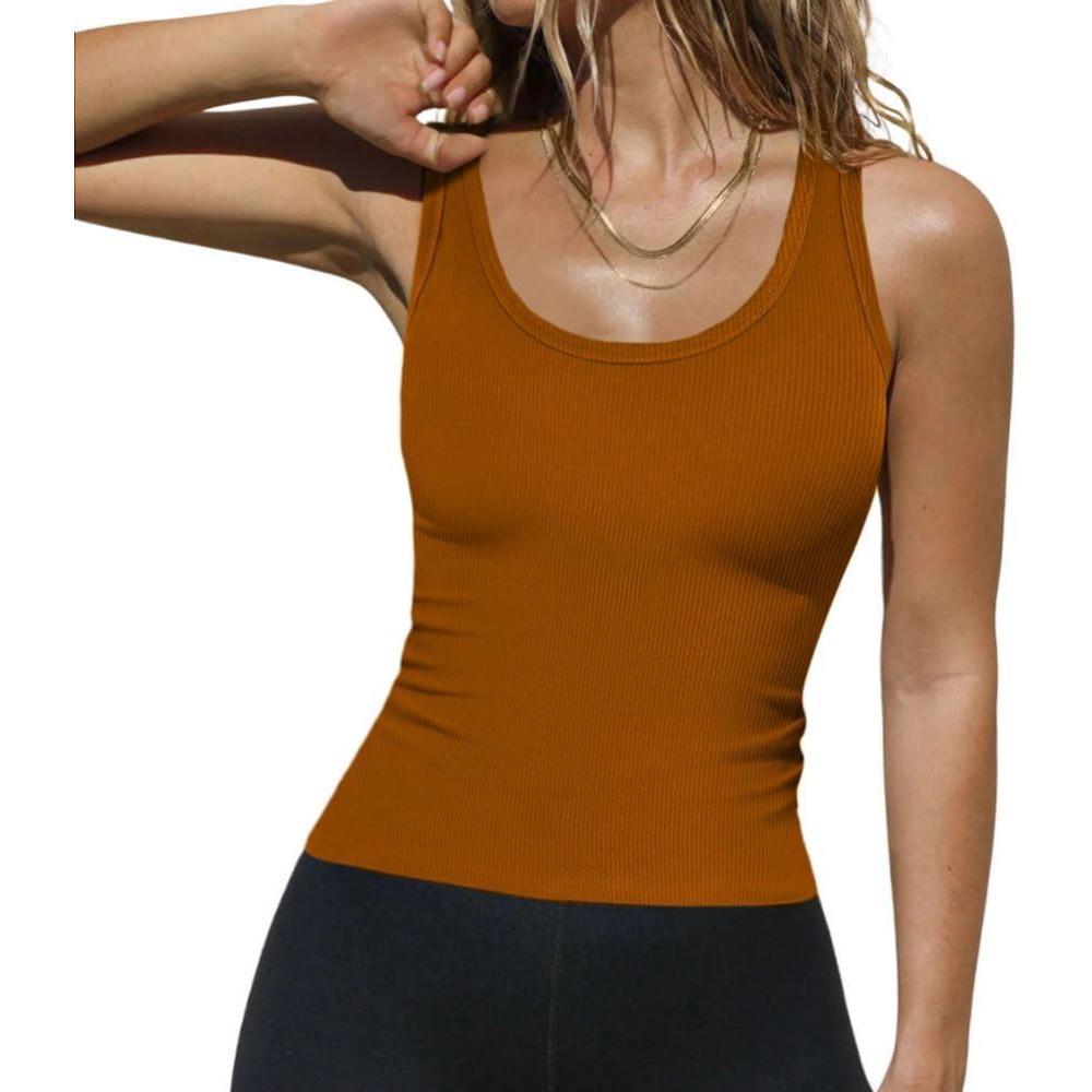 imageZeagoo Womens Tank Tops 2026 Scoop Neck Ribbed Sleeveless Top Casual Basic Slim Fitted Knit Cami Tee ShirtsLight Brown