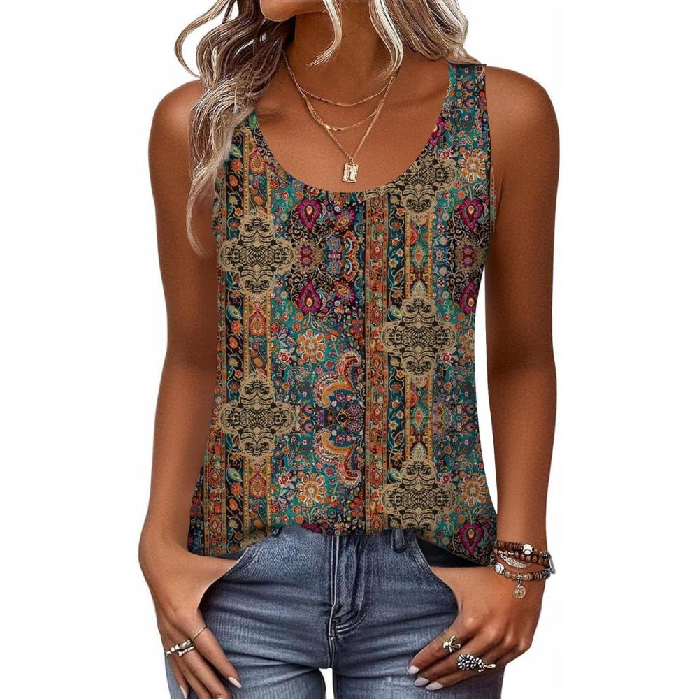 imageZeagoo Womens Tank Tops Flowy Loose Fit Scoop Neck Casual Summer Tops Curvy HemBoho Brown