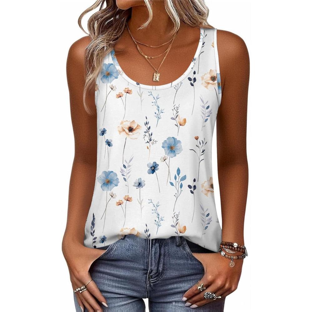 imageZeagoo Womens Tank Tops Flowy Loose Fit Scoop Neck Casual Summer Tops Curvy HemWhite Floral