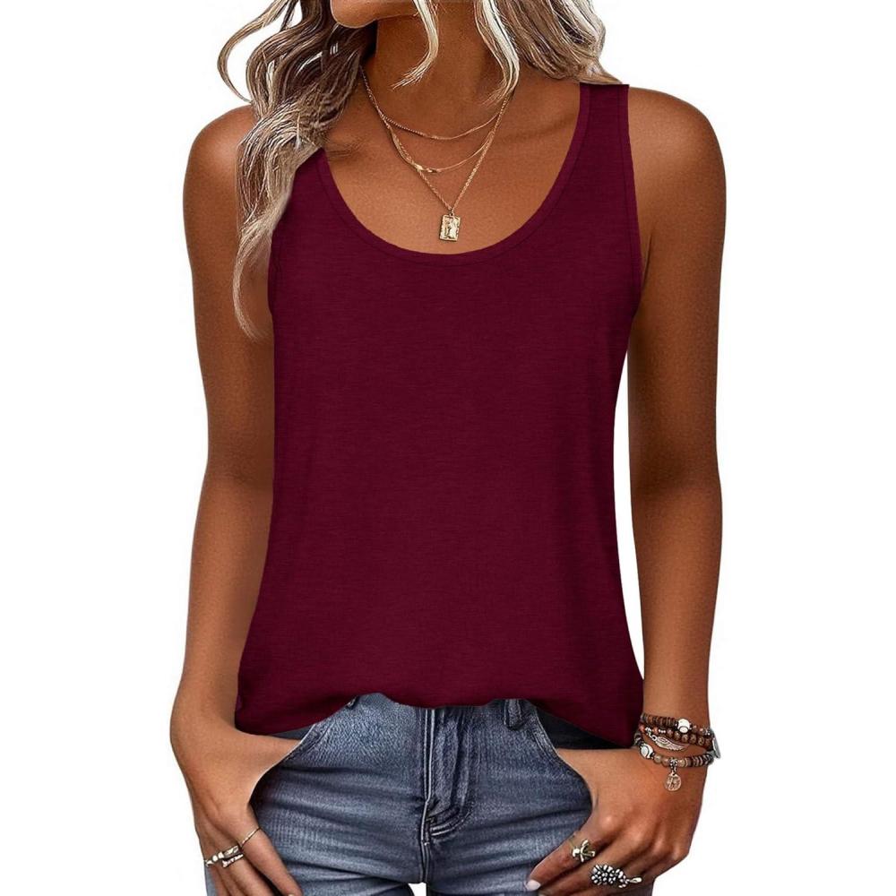 imageZeagoo Womens Tank Tops Flowy Loose Fit Scoop Neck Casual Summer Tops Curvy HemWine Red