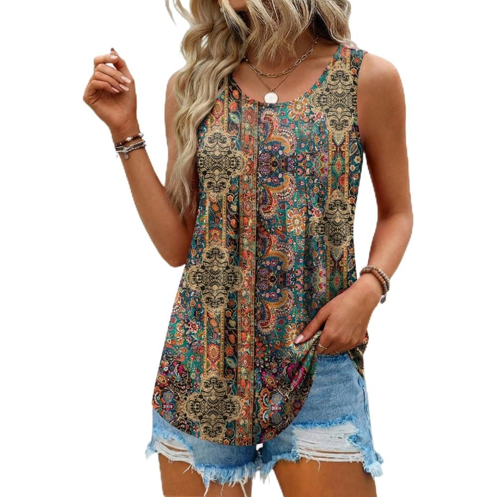 imageZeagoo Womens Tank Tops Sleeveless Pleated Crew Neck Summer Tunic Tops Dressy Loose Fit Business Casual Blouses 2026Mz721