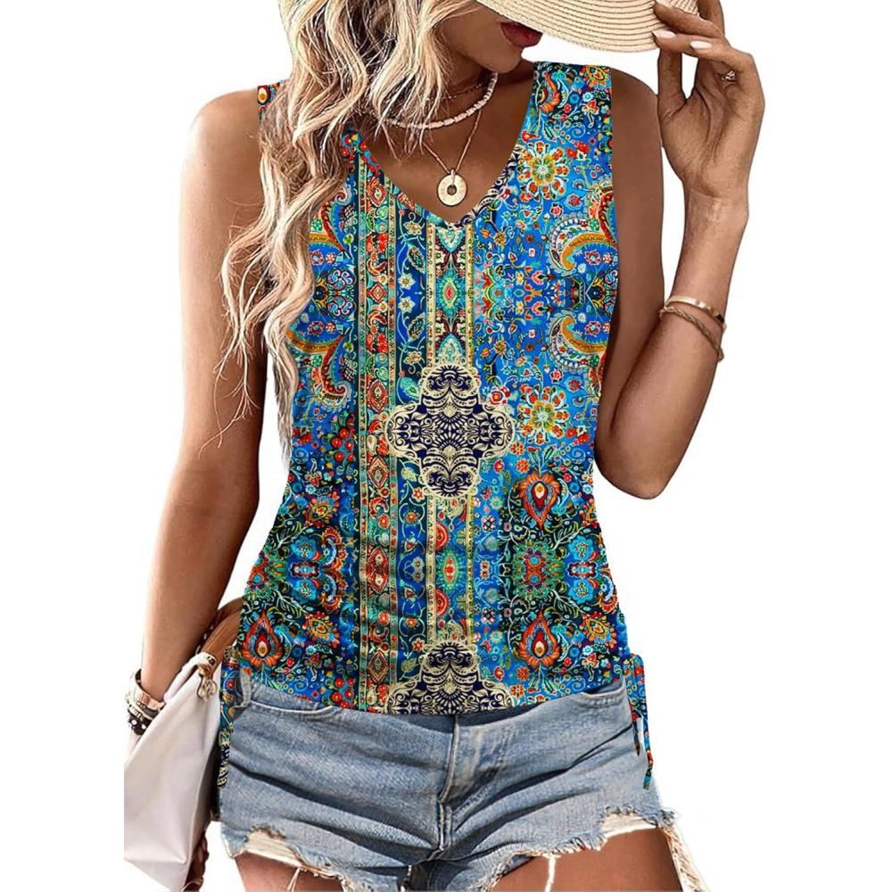 imageZeagoo Womens Tank Tops Summer Ruched Top V Neck Sleeveless Drawstring Side Casual Trendy Shirts 2026Pattern Mz779