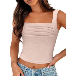 Zeagoo Crop Tops for Women Trendy Summer Cropped Square Neck Party Tank Tops Cute Beige Sleeveless Shirt, Small, Champagne