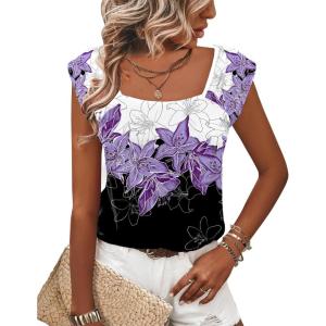 Zeagoo Women Summer Tops Cute Square Neck Tank Tops Loose Dressy Casual Shirts Cap Sleeve Tunic Tops(Flower Purple)