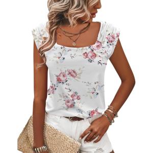 Zeagoo Women Summer Tops Cute Square Neck Tank Tops Loose Dressy Casual Shirts Cap Sleeve Tunic Tops(Flower White)