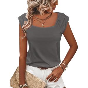Zeagoo Women Summer Tops Cute Square Neck Tank Tops Loose Dressy Casual Shirts Cap Sleeve Tunic Tops(Grey)