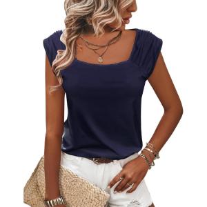 Zeagoo Women Summer Tops Cute Square Neck Tank Tops Loose Dressy Casual Shirts Cap Sleeve Tunic Tops(Navy Blue)