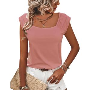 Zeagoo Women Summer Tops Cute Square Neck Tank Tops Loose Dressy Casual Shirts Cap Sleeve Tunic Tops(Pink)
