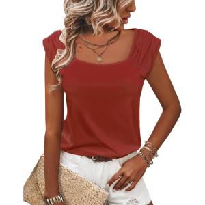 Zeagoo Women Summer Tops Cute Square Neck Tank Tops Loose Dressy Casual Shirts Cap Sleeve Tunic Tops(Wine Red)
