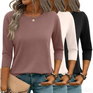 Zeagoo Women Tops 3 Pack 3/4 Sleeve Crewneck Cute Basics Tees Casual Fashion Spring Summer T Shirts Business Work Tee Top(Black-apricot-coffee)