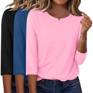 Zeagoo Women Tops 3 Pack 3/4 Sleeve Crewneck Cute Basics Tees Casual Fashion Spring Summer T Shirts Business Work Tee Top(Black-pink-blue)