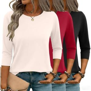 Zeagoo Women Tops 3 Pack 3/4 Sleeve Crewneck Cute Basics Tees Casual Fashion Spring Summer T Shirts Business Work Tee Top(Black-red-apricot)