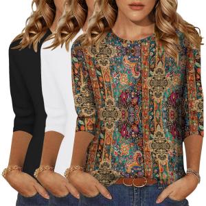 Zeagoo Women Tops 3 Pack 3/4 Sleeve Crewneck Cute Basics Tees Casual Fashion Spring Summer T Shirts Business Work Tee Top(Black-white-boho Mz721)