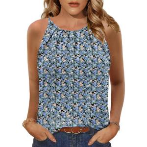 Zeagoo Womens 2026 Halter Neck Tank Tops Casual Sleeveless Pleated Camisole Tops Summer Loose Fit Cami Shirts(Z-blue Floral)