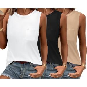 Zeagoo Women’s 3 Pack Tank Tops 2026 Loose Fit High Neck Summer Top Dressy Casual Sleeveless Shirts with Pocket(3-black white khaki)