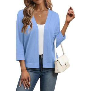 Zeagoo Women’s 3/4 Sleeve Open Front Cropped Knit Cardigan Sweater Casual Bolero Shrugs for Dresses Summer Outfits(Blue)