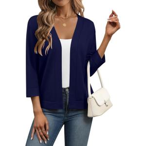 Zeagoo Women’s 3/4 Sleeve Open Front Cropped Knit Cardigan Sweater Casual Bolero Shrugs for Dresses Summer Outfits(Navy Blue)