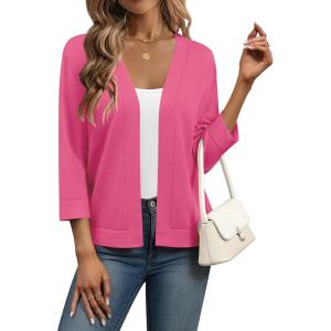 Zeagoo Women’s 3/4 Sleeve Open Front Cropped Knit Cardigan Sweater Casual Bolero Shrugs for Dresses Summer Outfits(Pink)