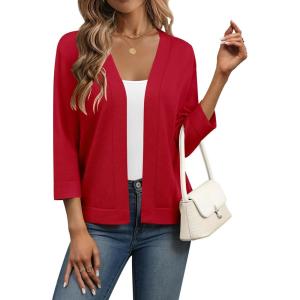 Zeagoo Women’s 3/4 Sleeve Open Front Cropped Knit Cardigan Sweater Casual Bolero Shrugs for Dresses Summer Outfits(Red)