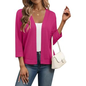 Zeagoo Women’s 3/4 Sleeve Open Front Cropped Knit Cardigan Sweater Casual Bolero Shrugs for Dresses Summer Outfits(Rose Red)