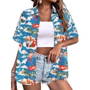 Zeagoo Womens Hawaiian Button Down Shirts Short Sleeve Casual Floral Tropical Shirt Summer Beach Shirt Cool Button Up Tops(A-blue Christmas)