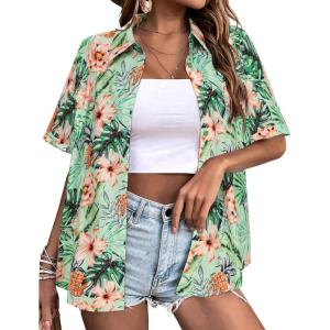 Zeagoo Womens Hawaiian Button Down Shirts Short Sleeve Casual Floral Tropical Shirt Summer Beach Shirt Cool Button Up Tops(A-green Tropical)