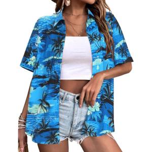 Zeagoo Womens Hawaiian Button Down Shirts Short Sleeve Casual Floral Tropical Shirt Summer Beach Shirt Cool Button Up Tops(Blue Hawaiian)
