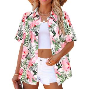 Zeagoo Womens Hawaiian Button Down Shirts Short Sleeve Casual Floral Tropical Shirt Summer Beach Shirt Cool Button Up Tops(Pink Floral)