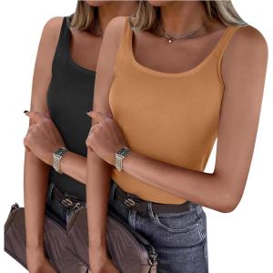 Zeagoo Womens Ribbed Tank Tops Square Neck Summer Tops Slim Fitted Spaghetti Strap Camisole Basic Sleeveless Layering Shirts(Z_black/Light Brown)
