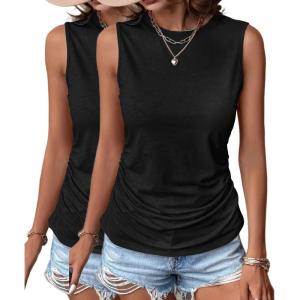 Zeagoo Womens Ruched Tank Tops Summer Dressy Casual Crewneck Sleeveless Shirts S-XXL(2 Pack-black)