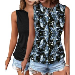 Zeagoo Womens Ruched Tank Tops Summer Dressy Casual Crewneck Sleeveless Shirts S-XXL(2 Pack-blue Black Print and Black)