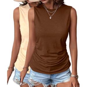 Zeagoo Womens Ruched Tank Tops Summer Dressy Casual Crewneck Sleeveless Shirts S-XXL(2 Pack-tea Leaf and Beige)