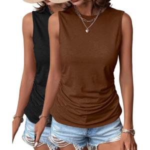 Zeagoo Womens Ruched Tank Tops Summer Dressy Casual Crewneck Sleeveless Shirts S-XXL(2 Pack-tea Leaf and Black)