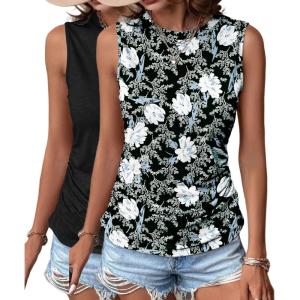 Zeagoo Womens Ruched Tank Tops Summer Dressy Casual Crewneck Sleeveless Shirts S-XXL(2 Pack-white Flower and Black)