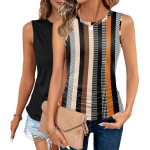 Zeagoo Womens Ruched Tank Tops Summer Dressy Casual Crewneck Sleeveless Shirts S-XXL(2 Pack-white Orage Stripe and Black)