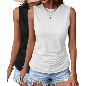Zeagoo Womens Ruched Tank Tops Summer Dressy Casual Crewneck Sleeveless Shirts S-XXL(2 Pack-white and Black)
